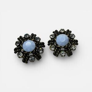 Vintage Blue Glass Rhinestone Starburst Stud Earrings Antiqued Gold Tone